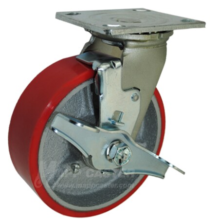 Mapp Caster 6"X2" Red Poly. on Iron Whl Swvl Caster W/ Top Lock Brake, 1200Lbs Cap 146PURB620SB